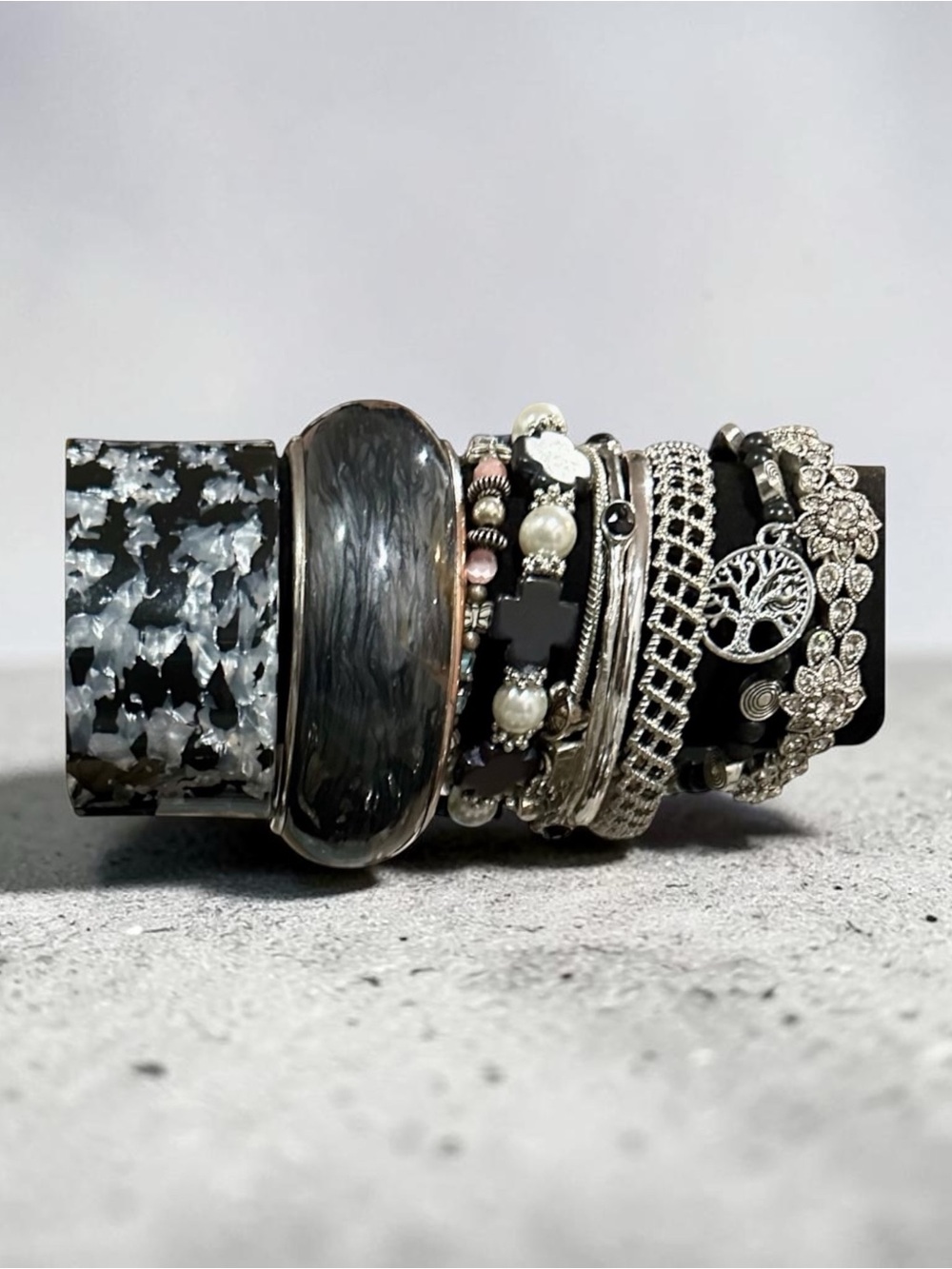 Boho Beaded Bracelet Stack Lot Black White Silver Tree of Life Charm Layered